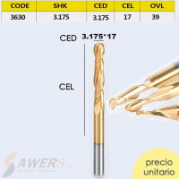 Fresa Corte Espiral BallNose Tin CED=3.175mm Fresa Corte Espiral BallNose Tin CED=3.175mm
