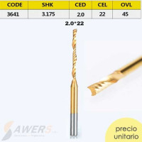 Fresa Corte espiral Tin 1 flauta CED=2mm CEL=22mm Fresa Corte espiral Tin 1 flauta CED=2mm CEL=22mm