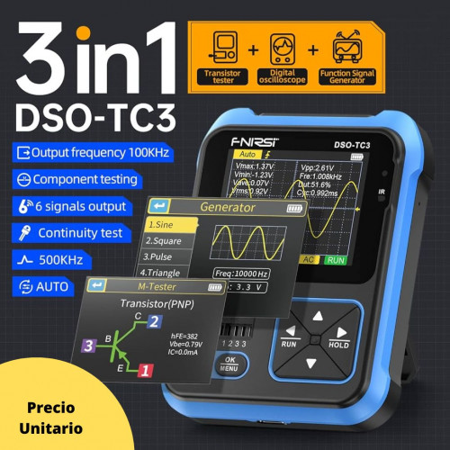 FNIRSI-TC3 Osciloscopio 500Khz + Generador + transistor Tester