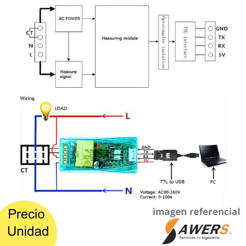 PZEM-004T Medidor de Energia Electrica AC 100A V1.0